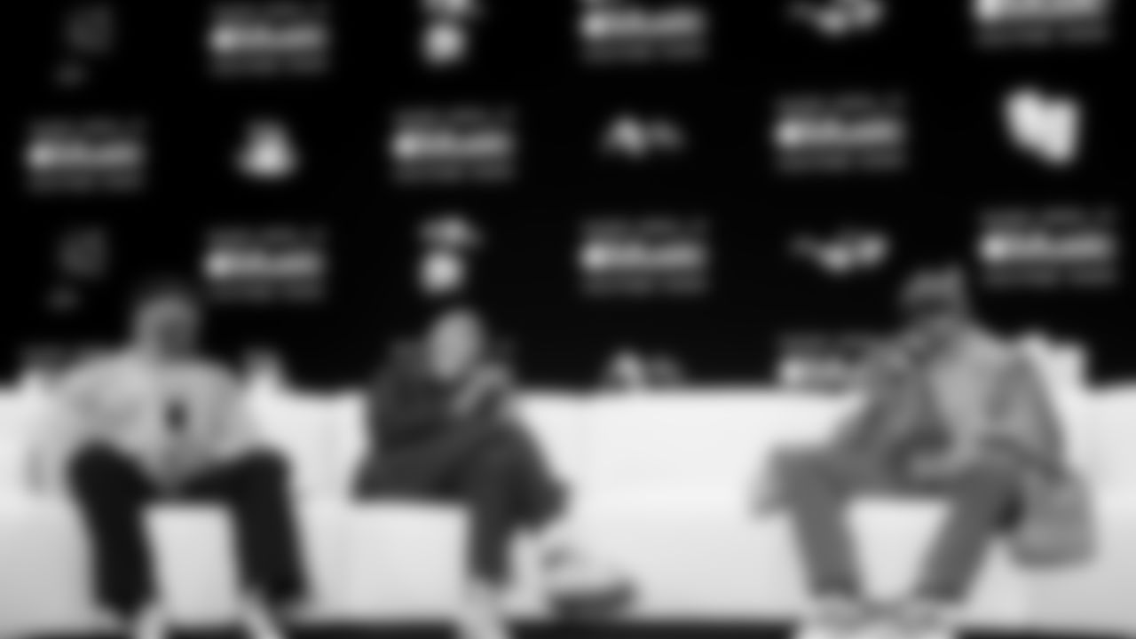 Apple Music's Ebro Darden and Zane Lowe interview halftime performer Bad Bunny at the Apple Music Halftime Show press conference ahead of the Super Bowl 60 football game on Thursday, February 5, 2026 in San Francisco. (Kathryn Riley/NFL)