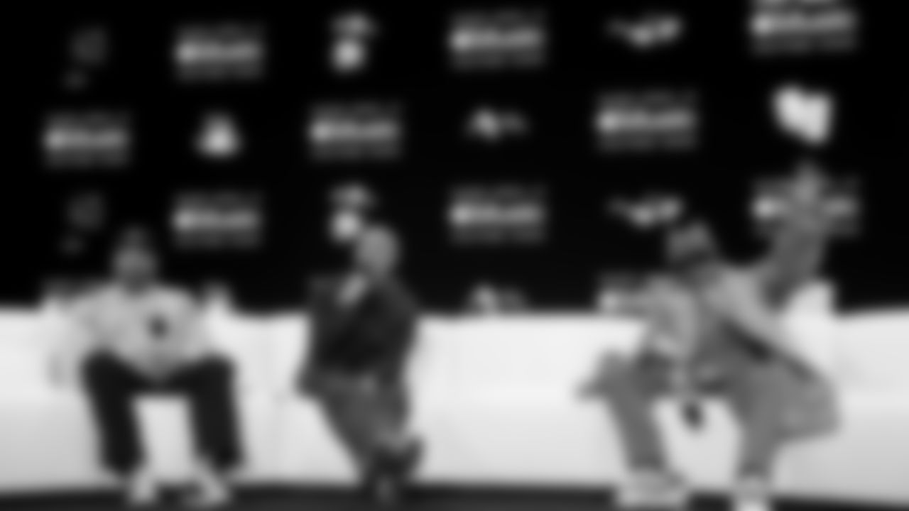 Apple Music's Ebro Darden and Zane Lowe interview halftime performer Bad Bunny at the Apple Music Halftime Show press conference ahead of the Super Bowl 60 football game on Thursday, February 5, 2026 in San Francisco. (Kathryn Riley/NFL)