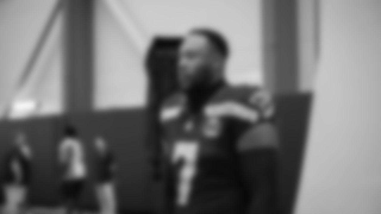 Seahawks linebacker Uchenna Nwosu (7) at Seahawks media day on June 9, 2025