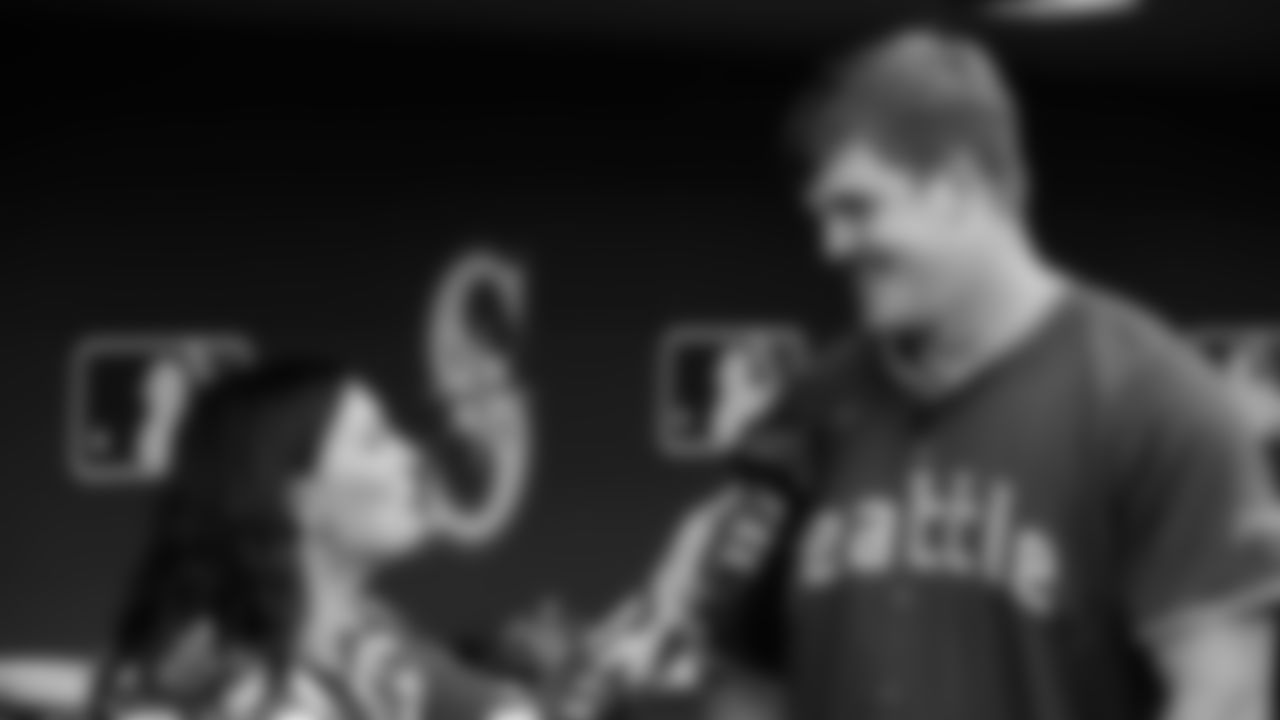 Seahawks guard Grey Zabel (76) threw the ceremonial first pitch for the Mariners vs. Twins game on Friday, May 30, 2025 at T-Mobile Park.