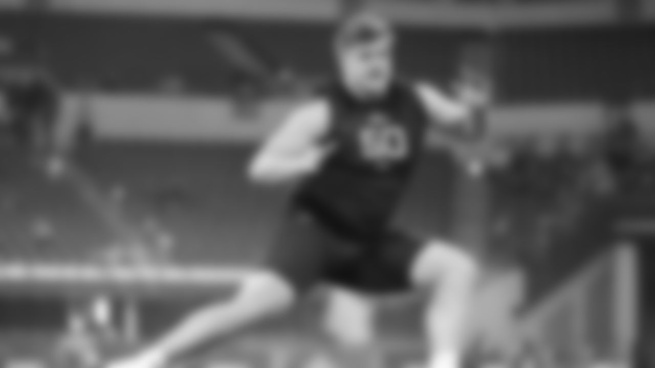 North Dakota State offensive lineman Grey Zabel runs a drill at the NFL football scouting combine in Indianapolis, Sunday, March 2, 2025. (AP Photo/Michael Conroy)