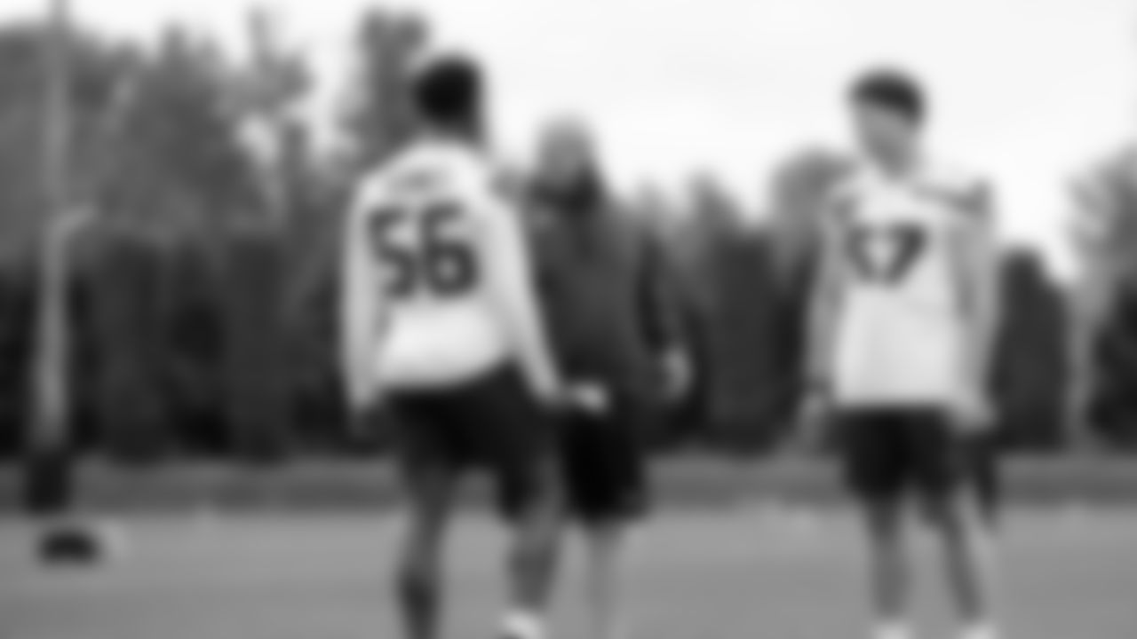 Seahawks linebacker Jalan Gaines (56) and linebacker Connor O'Toole (57) participated in a workout on May 12, 2025 at the Virginia Mason Athletic Center.