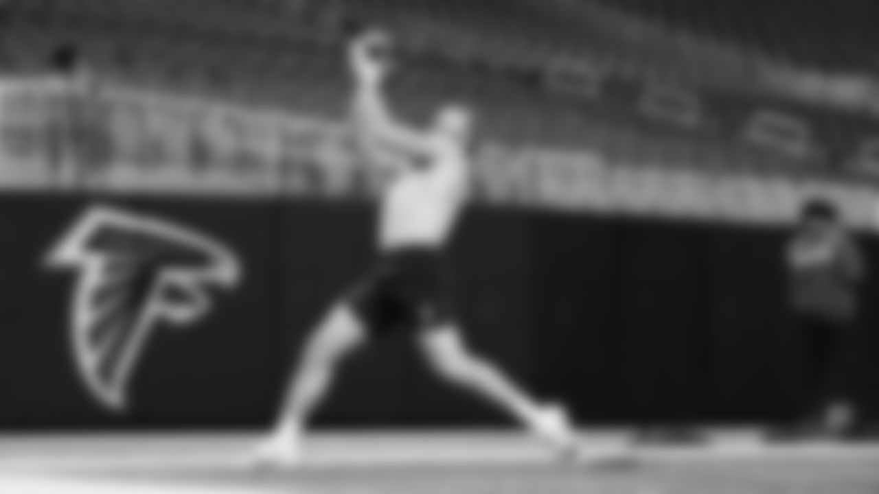 Seahawks fullback Brady Russell (38) warms up at Mercedes-Benz Stadium for the Week 14 matchup vs. the Atlanta Falcons.