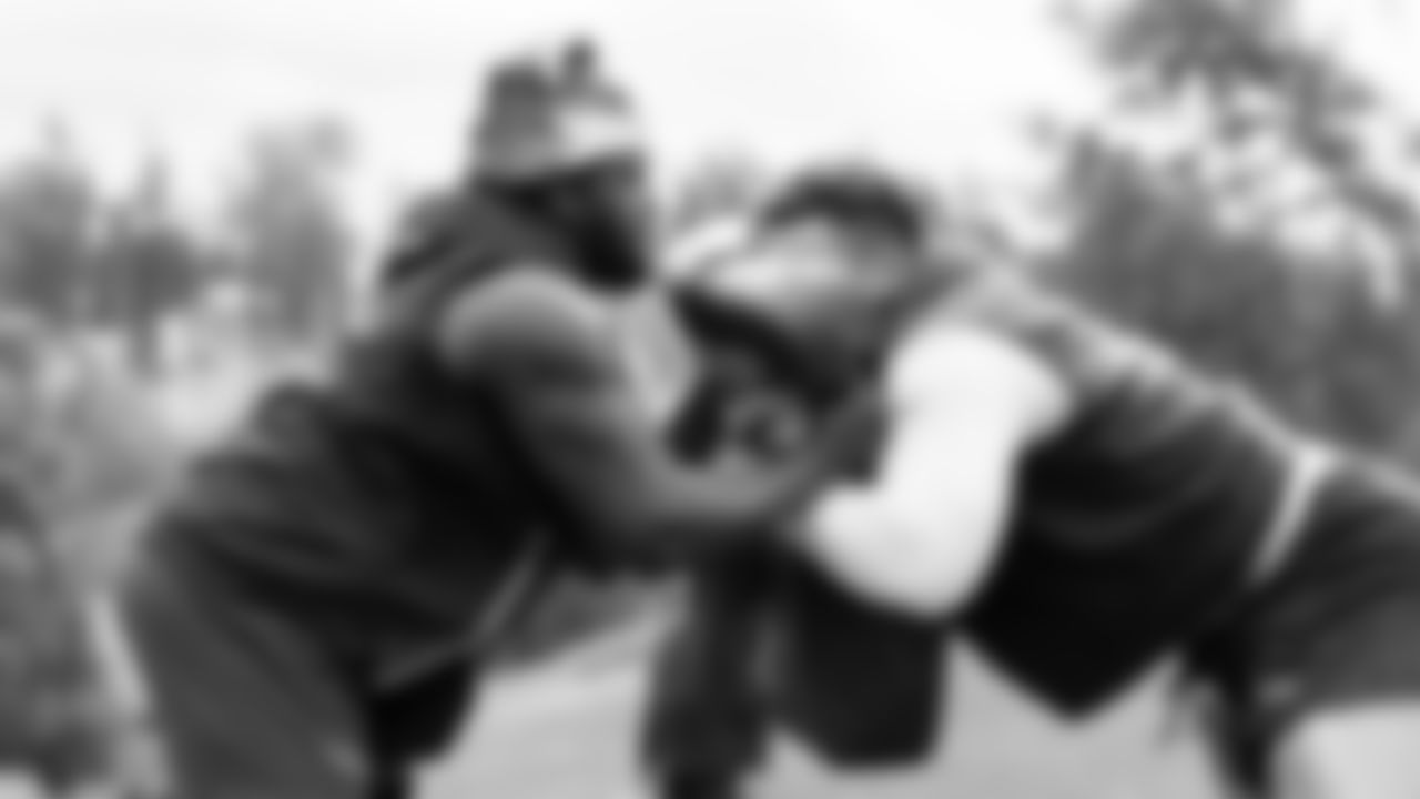 Seahawks guard Christian Haynes (64) and tackle Abraham Lucas (72) participated in a workout on May 7, 2025 at the Virginia Mason Athletic Center.