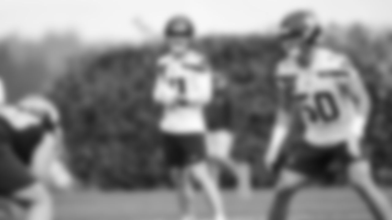 Safety Tanner Volk (41) practiced on day two of rookie minicamp on May 3, 2025 at the Virginia Mason Athletic Center.