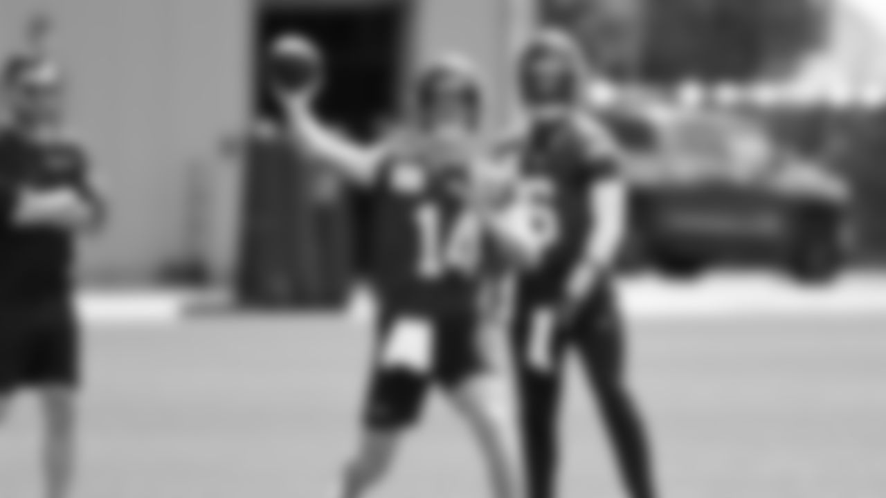 Seahawks quarterback Sam Darnold (14) practiced on August 19, 2025 at the Virginia Mason Athletic Center.