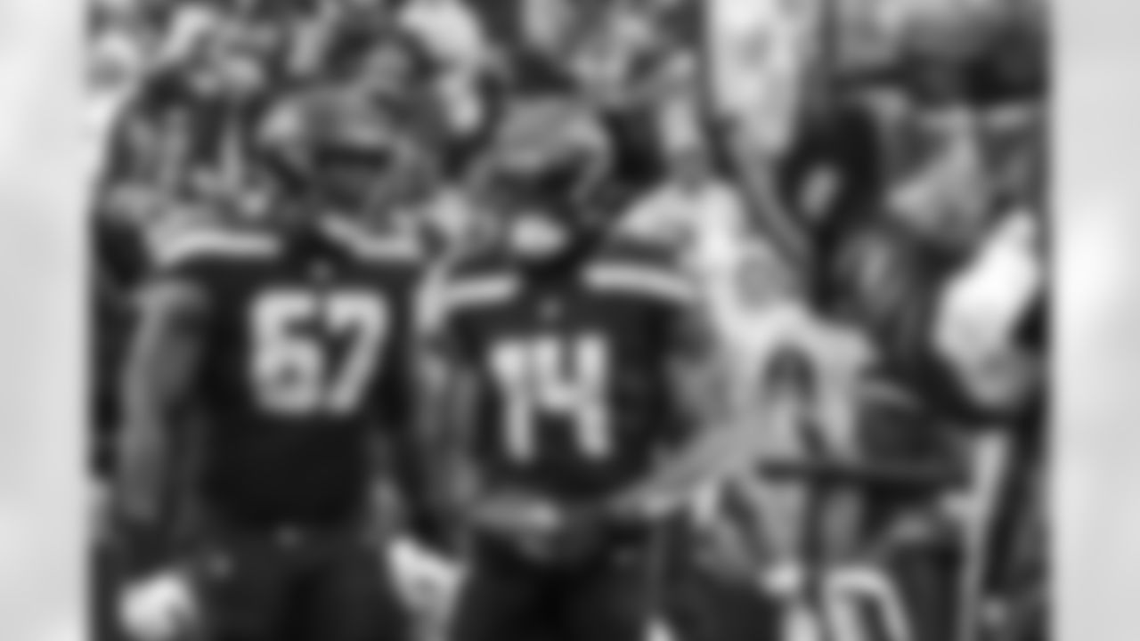 Seahawks tackle Charles Cross (67) and Seahawks wide receiver DK Metcalf (14) at the Week 16 matchup against the Minnesota Vikings at Lumen Field on Sunday, December 22, 2024.