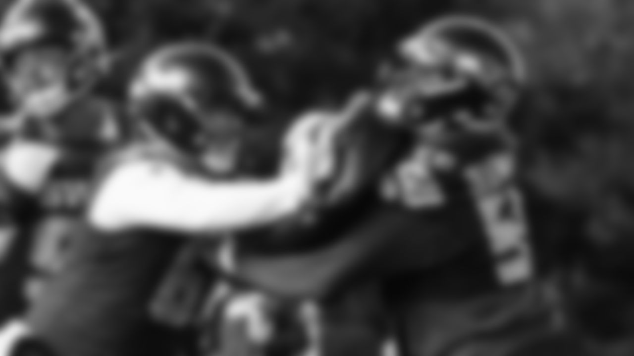 Seahawks center Jalen Sundell (61) and center Olu Oluwatimi (55) practiced on Friday, November 7, 2025 at the Virginia Mason Athletic Center.