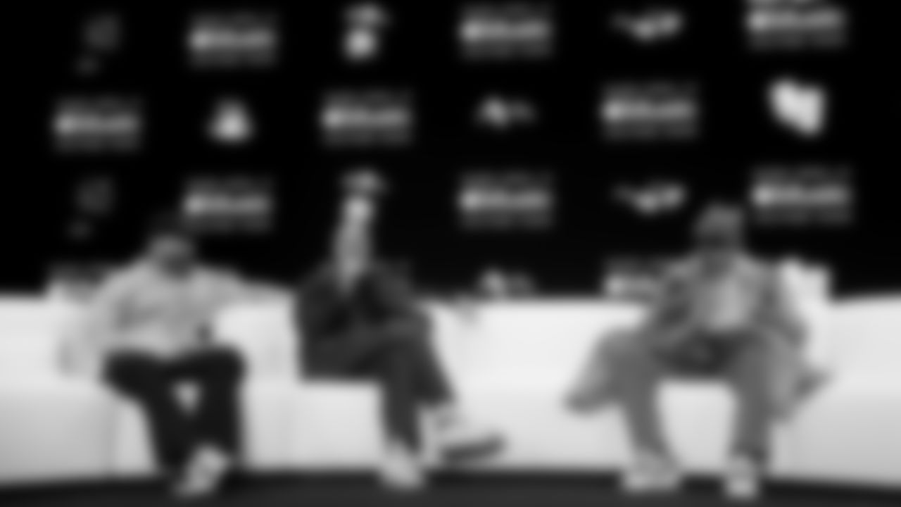 Apple Music's Ebro Darden and Zane Lowe interview halftime performer Bad Bunny at the Apple Music Halftime Show press conference ahead of the Super Bowl 60 football game on Thursday, February 5, 2026 in San Francisco. (Kathryn Riley/NFL)