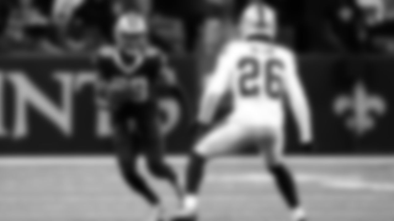 New Orleans Saints wide receiver Rashid Shaheed (89) runs the ball past Las Vegas Raiders cornerback Rock Ya-Sin (26) during an NFL football game, Sunday, Oct. 30, 2022, in New Orleans. (AP Photo/Tyler Kaufman)