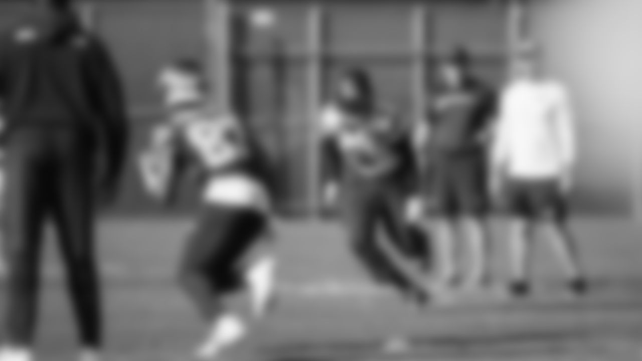 Seahawks safety Coby Bryant (8) practiced on February 5, 2026 in San Jose, California.