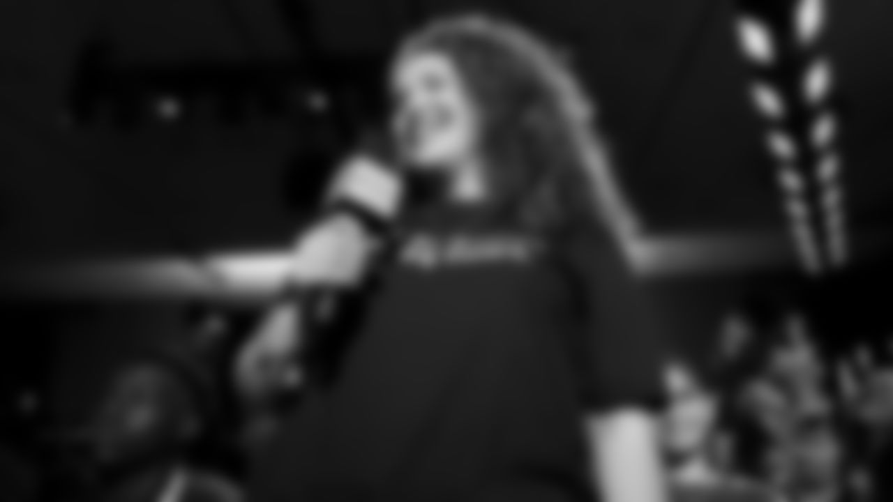 Big Brother Big Sister of the Bay's Camila asks a question at the Apple Music Halftime Show press conference ahead of the Super Bowl 60 football game on Thursday, February 5, 2026 in San Francisco. (Logan Bowles/NFL)