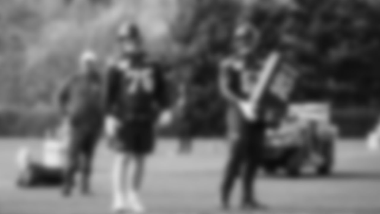 Seahawks guard Grey Zabel (76) and tackle Charles Cross (67) practiced on Friday, November 7, 2025 at the Virginia Mason Athletic Center.