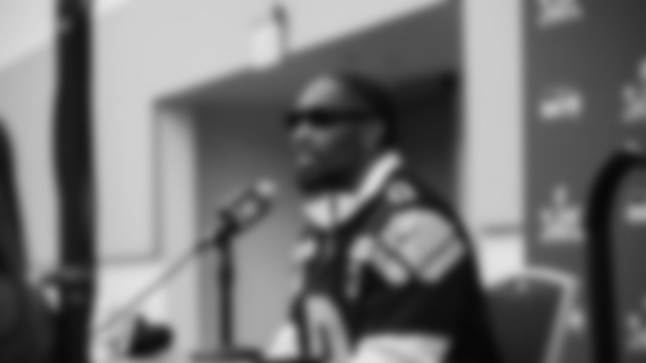 Seahawks defensive end DeMarcus Lawrence (0) at day two of press conference Media Availability on February 4, 2026.