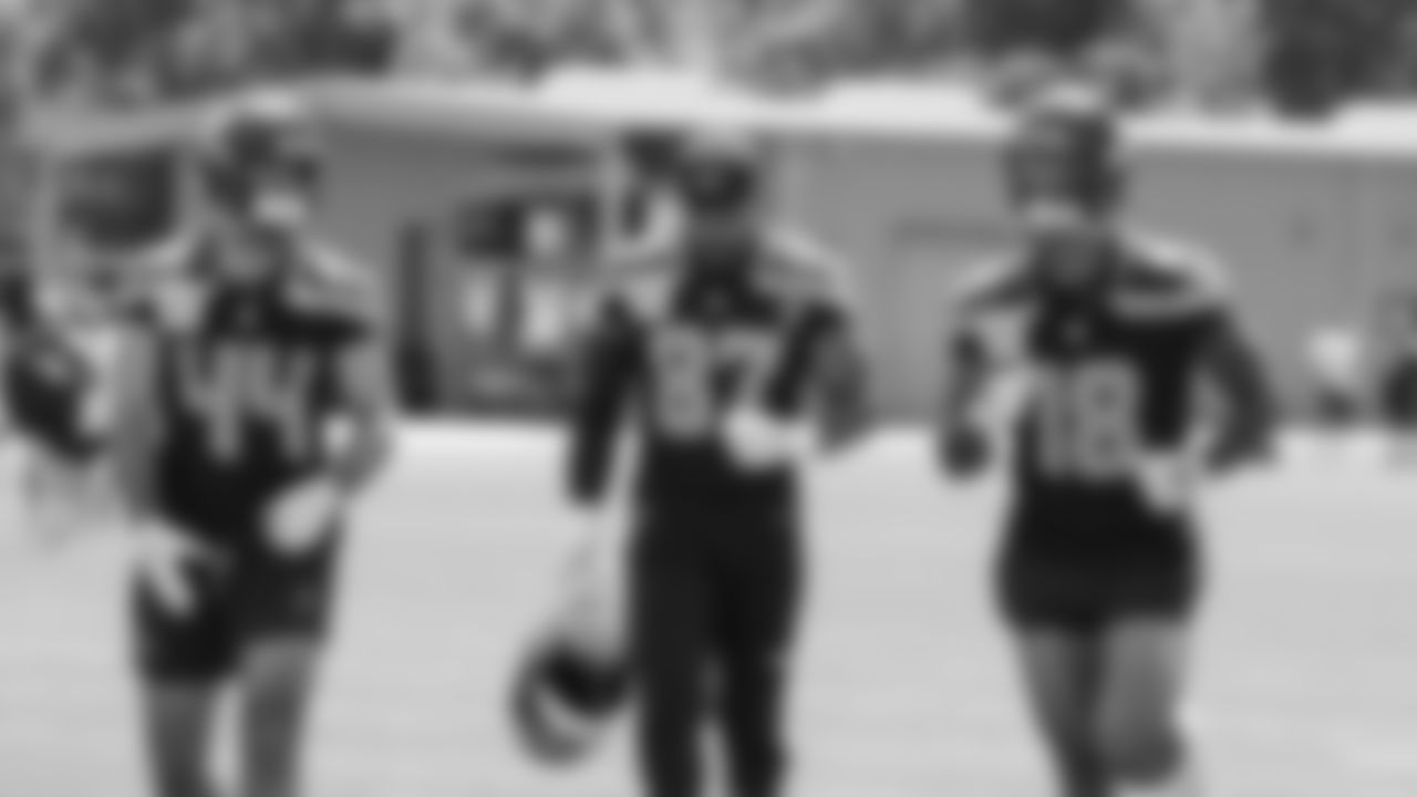 Seahawks tight end Mitch Van Vooren (44), tight end Noah Fant (87) and tight end Elijah Arroyo (18) participated in a workout on day six of OTAs on Thursday, June 5, 2025 at the Virginia Mason Athletic Center.