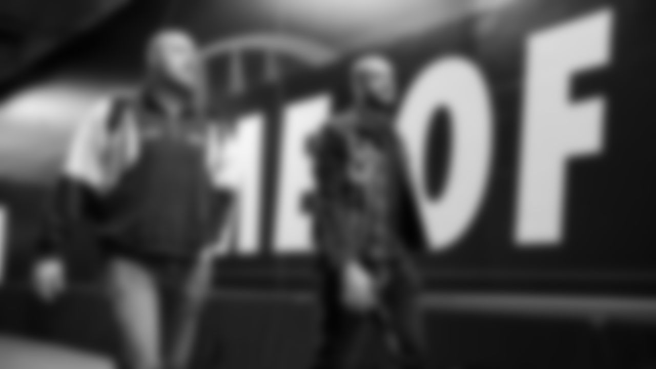 Seahawks guard Bryce Cabeldue (77) and wide receiver Cody White (82) arrive at Lumen Field for the Week 10 matchup vs. the Arizona Cardinals.