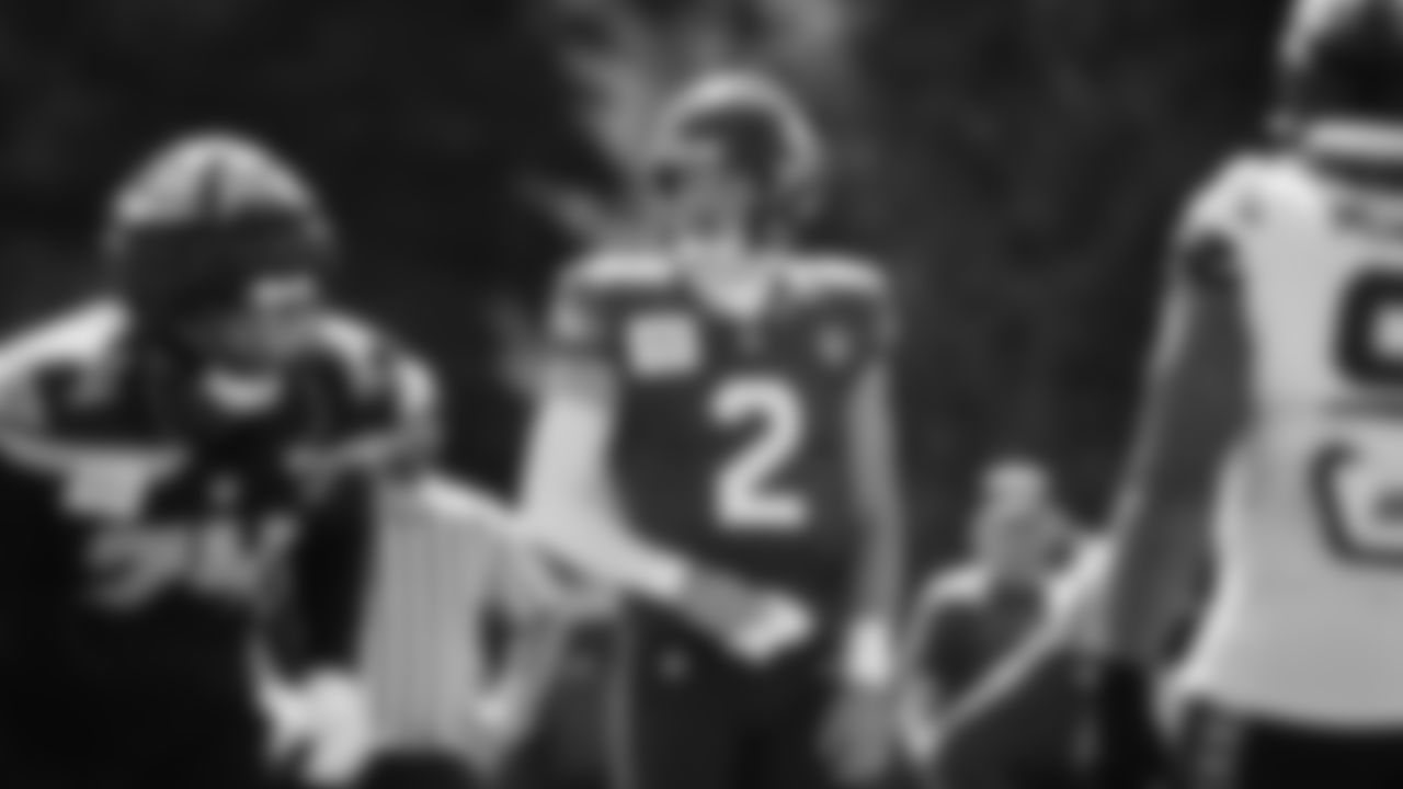 Seahawks quarterback Drew Lock (2) practiced on day six of training camp on July 29, 2025 at the Virginia Mason Athletic Center.