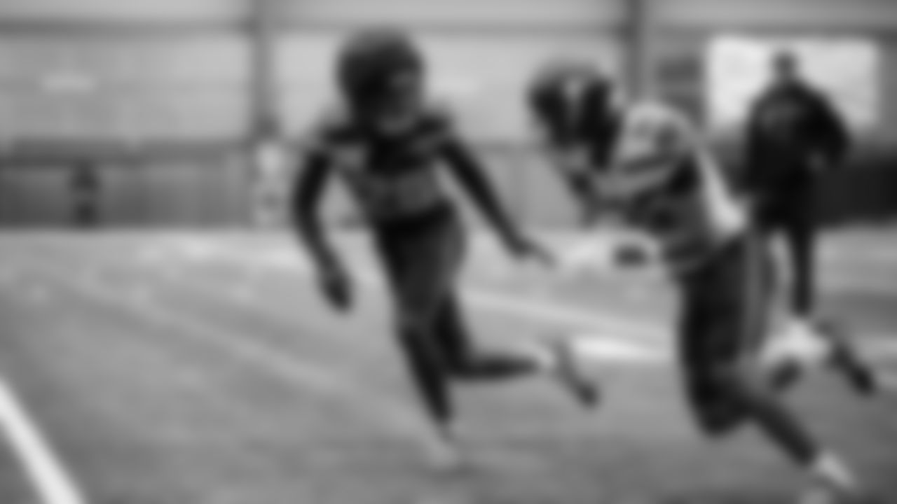 Seahawks cornerback Nehemiah Pritchett (28) and wide receiver Ricky White III (86) practiced on Thursday, November 13, 2025 at the Virginia Mason Athletic Center.