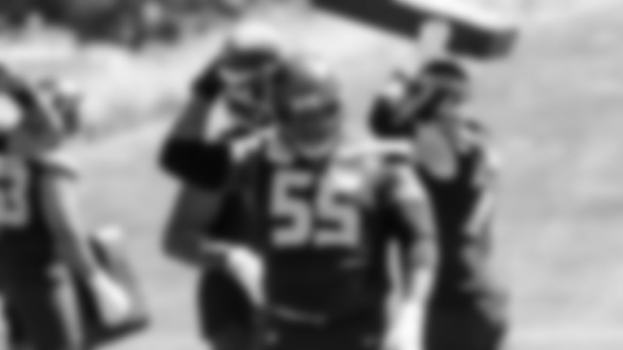 Seahawks center Olu Oluwatimi (55) participated in a workout on day three of OTAs on Friday, May 30, 2025 at the Virginia Mason Athletic Center.