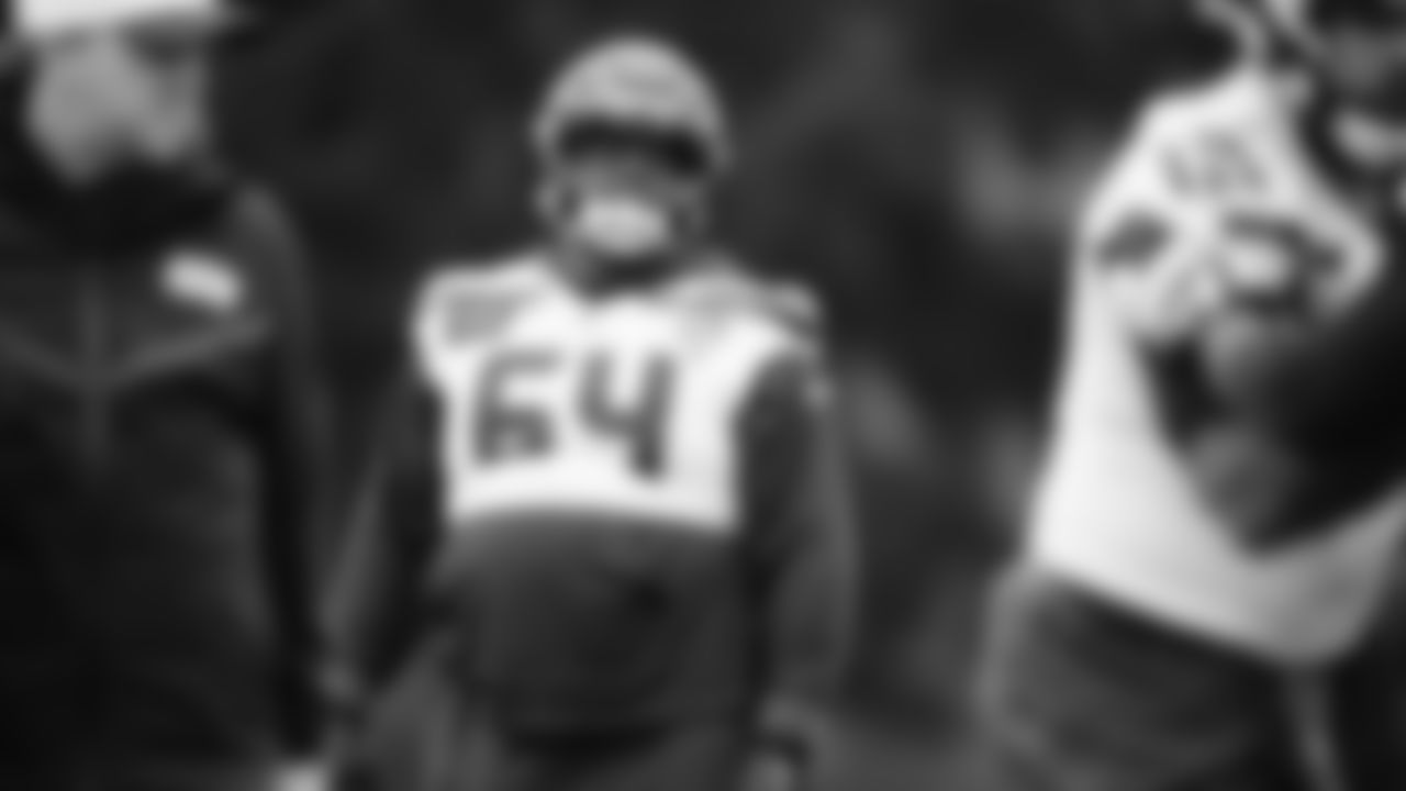 Seahawks guard Christian Haynes (64) practiced on Wednesday, January 1, 2026 at the Virginia Mason Athletic Center.