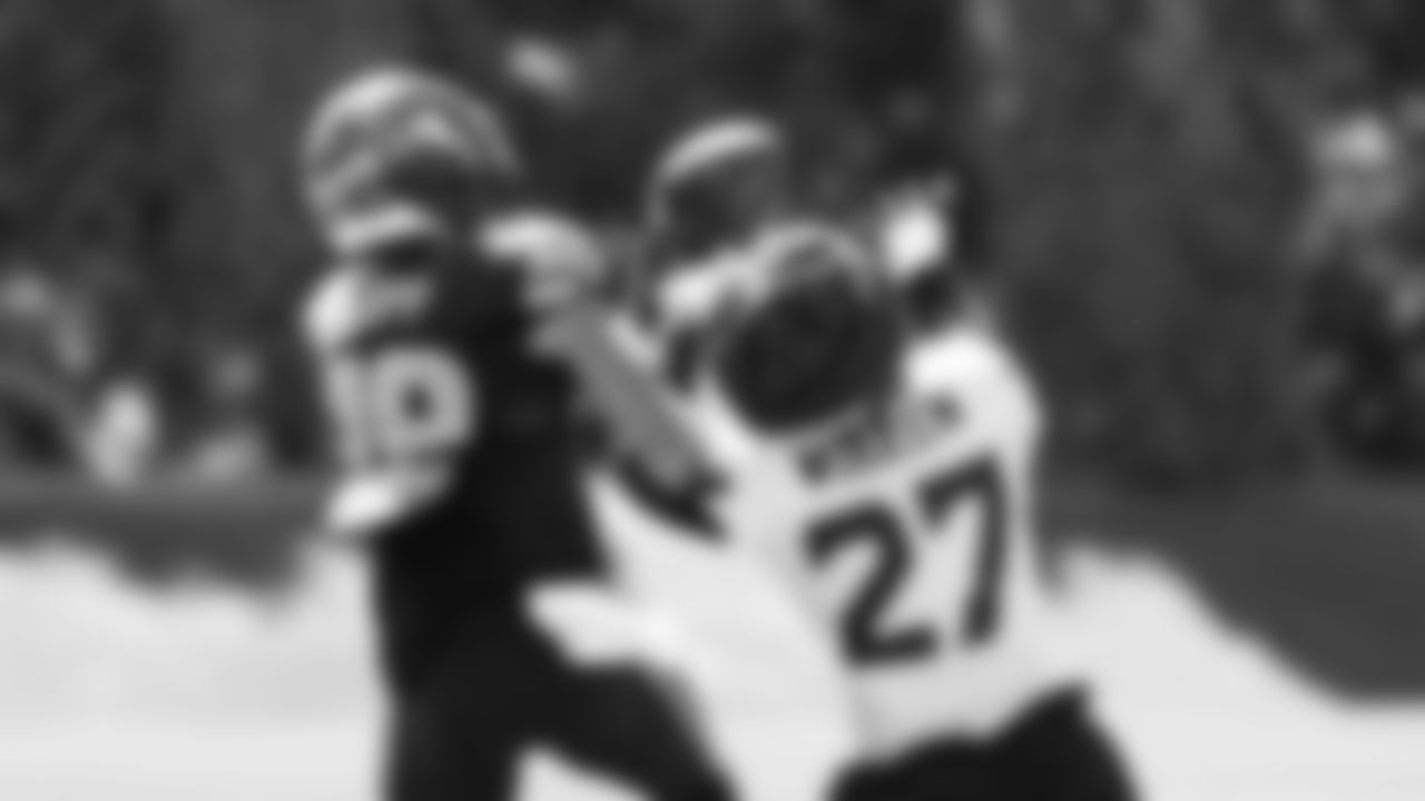 Seahawks wide receiver Cooper Kupp (10) and cornerback Riq Woolen (27) practiced on August 12, 2025 at the Virginia Mason Athletic Center.