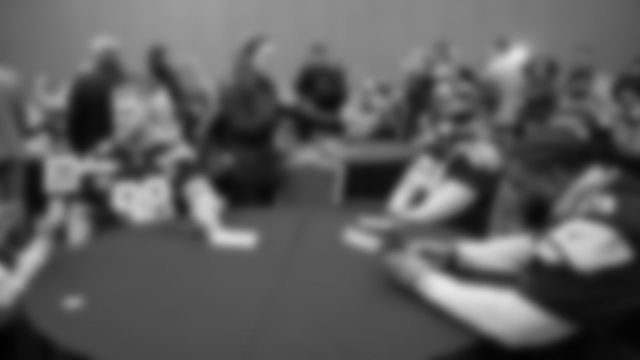 Seahawks defensive tackle Rylie Mills (98), defensive end Mike Morris (94) and nose tackle Bubba Thomas (69) at day two of press conference Media Availability on February 4, 2026.