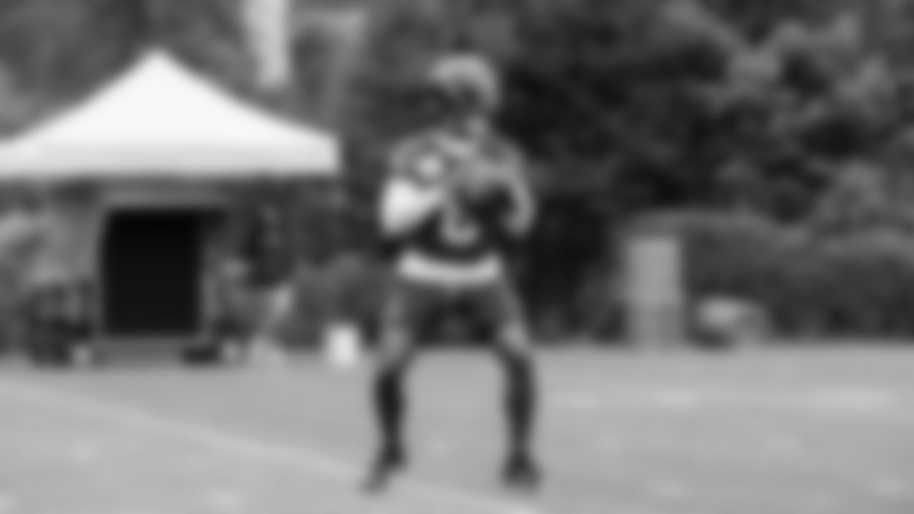 Quarterback Jalen Milroe (6) practiced on day two of rookie minicamp on May 3, 2025 at the Virginia Mason Athletic Center.