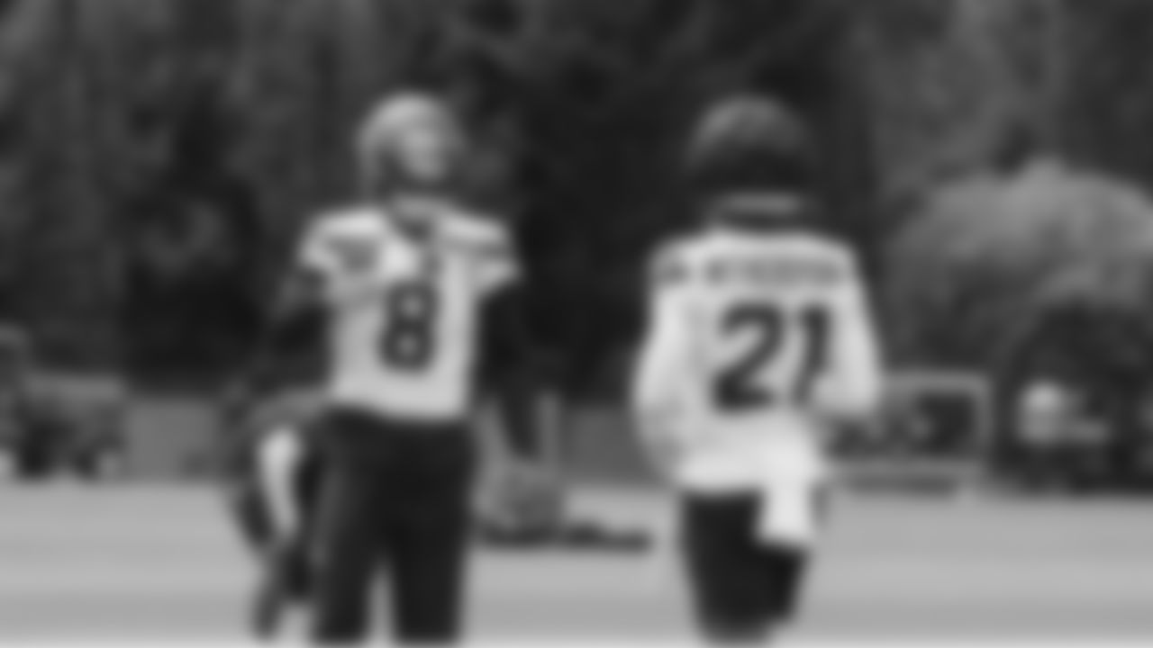 Seahawks safety Coby Bryant (8) and cornerback Devon Witherspoon (21) practiced on day three of training camp on July 25, 2025 at the Virginia Mason Athletic Center.