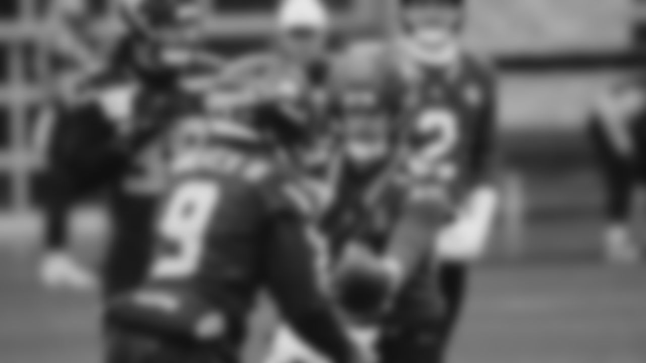 Seahawks quarterback Sam Darnold (14) and running back Kenneth Walker III (9) practiced on Wednesday, January 7, 2026 at the Virginia Mason Athletic Center.