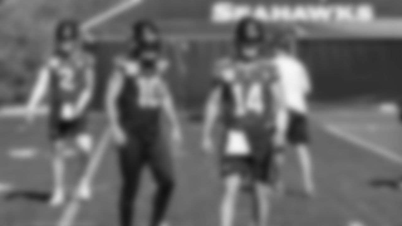 Seahawks wide receiver Cooper Kupp (10) and quarterback Sam Darnold (14) practiced on Thursday, September 18, 2025 at the Virginia Mason Athletic Center.