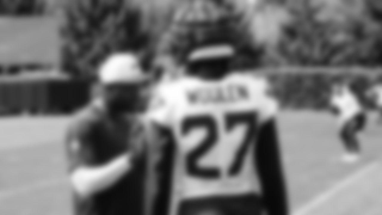 Seahawks cornerback Riq Woolen (27) practiced on August 19, 2025 at the Virginia Mason Athletic Center.