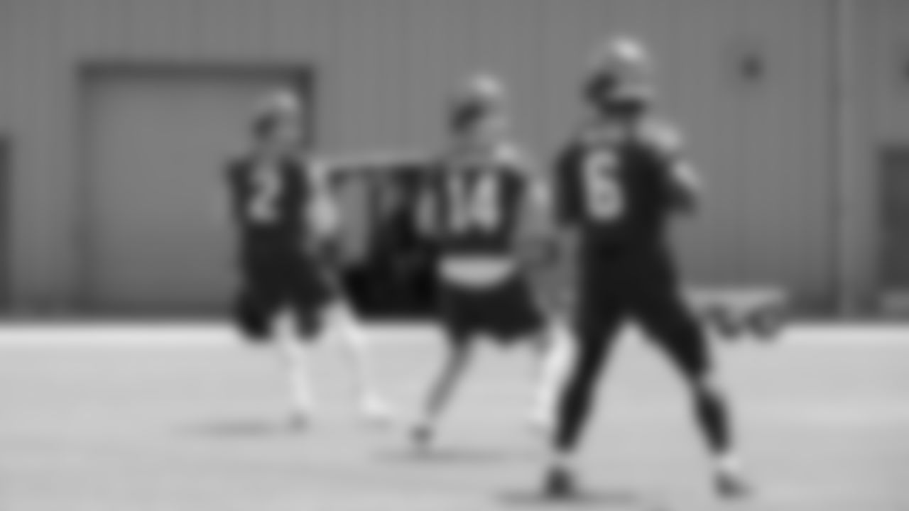 Seahawks quarterback Drew Lock (2), quarterback Sam Darnold (14) and quarterback Jalen Milroe (6) participated in a workout on day one of minicamp on Tuesday, June 10, 2025 at the Virginia Mason Athletic Center.