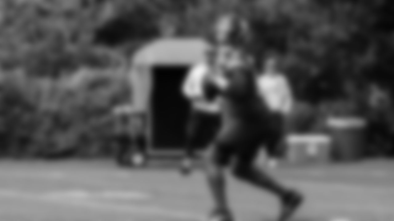 Quarterback Jalen Milroe (6) practiced on day one of rookie minicamp on May 2, 2025 at the Virginia Mason Athletic Center.