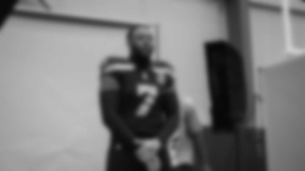 Seahawks linebacker Uchenna Nwosu (7) at Seahawks media day on June 9, 2025