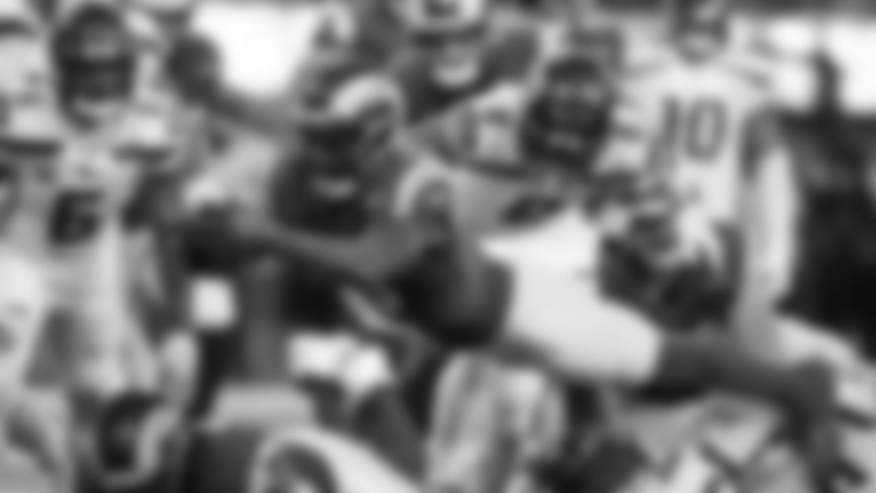 Los Angeles Rams running back Cam Akers (3) dives for the goal line during an NFL football game against the Seattle Seahawks on Sunday, Dec. 4, 2022 in Inglewood, CA. (Ben Liebenberg via AP)