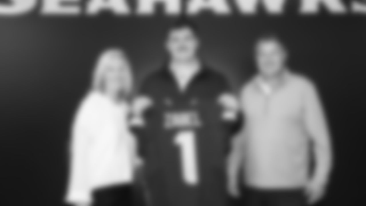 Seahawks first-round pick Grey Zabel arrived at the Virginia Mason Athletic Center on April 26, 2025.