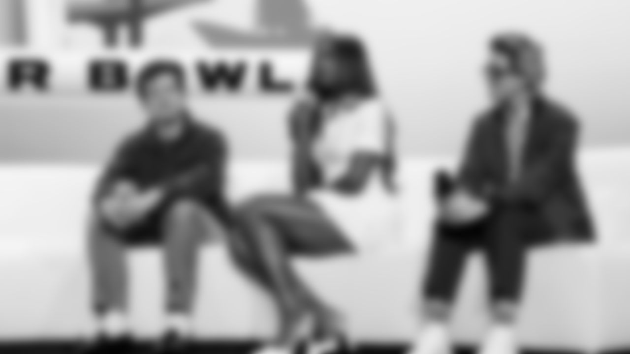 Charlie Puth, Coco Jones, and Brandi Carlile answer questions at the Apple Music Halftime Show press conference ahead of the Super Bowl 60 football game on Thursday, February 5, 2026 in San Francisco. (Kathryn Riley/NFL)