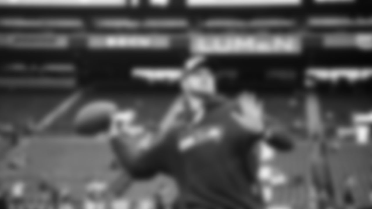 Seahawks quarterback Sam Darnold (14) warms up at Lumen Field for the Week 15 matchup vs. the Indianapolis Colts.