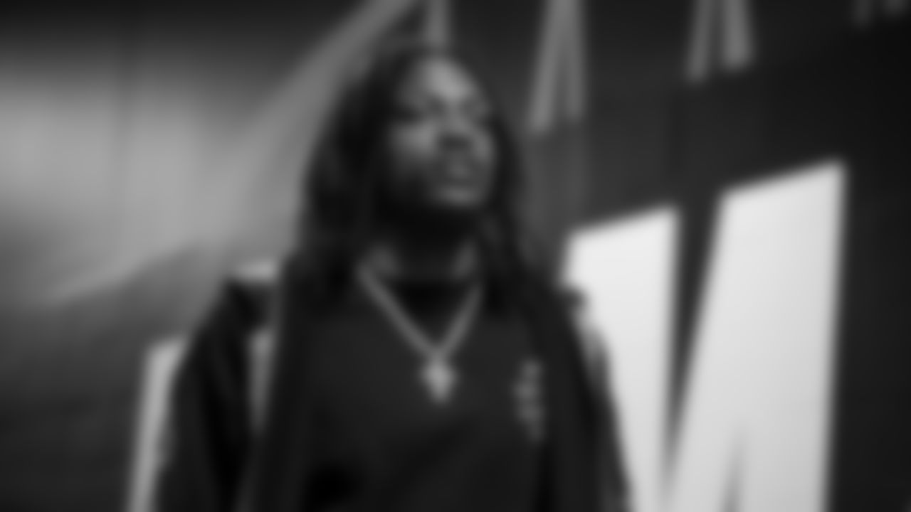 Seahawks cornerback Riq Woolen (27) arrives at Lumen Field for the Week 10 matchup vs. the Arizona Cardinals.