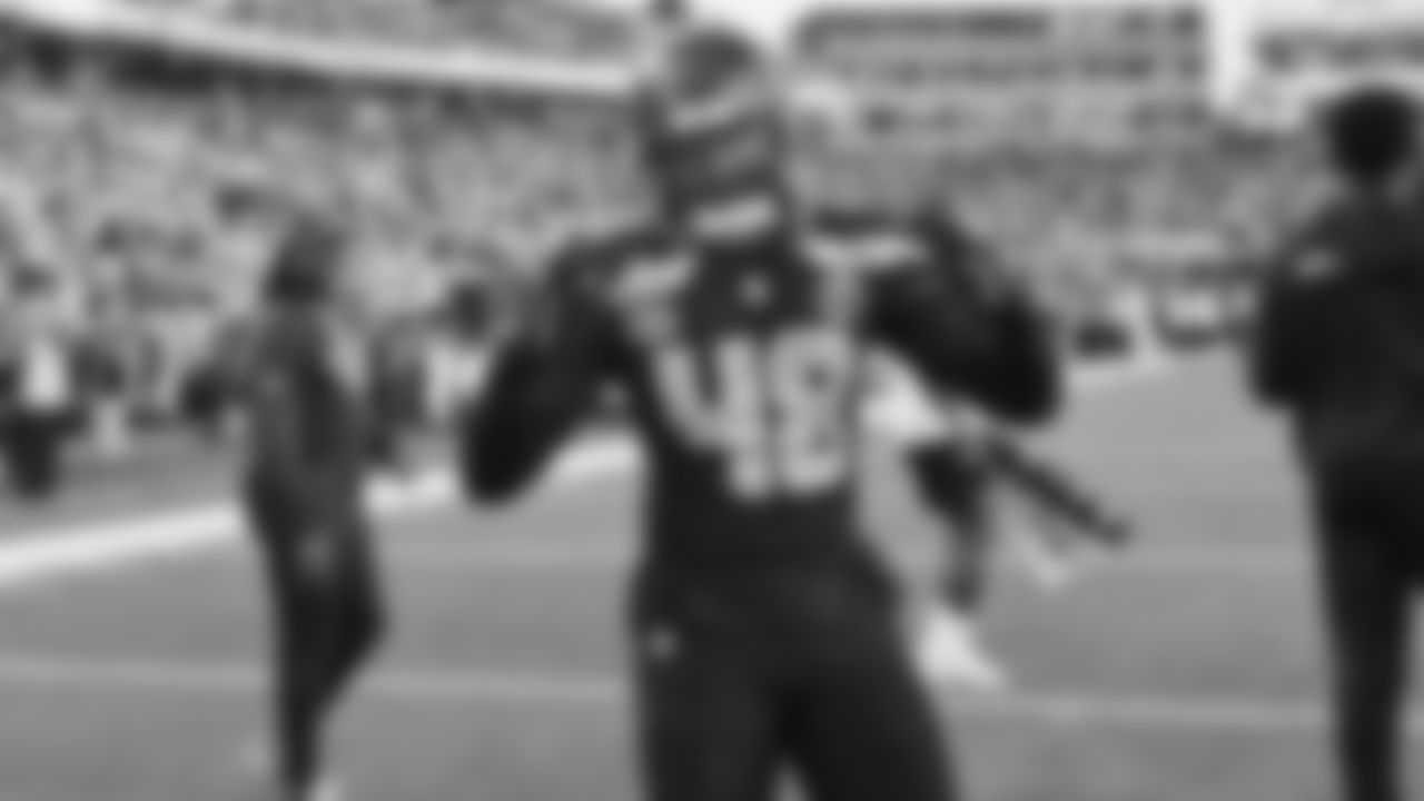 The Seahawks warm up ahead of Super Bowl LX vs. the Patriots at Levi's Stadium on Sunday, February 8, 2026.