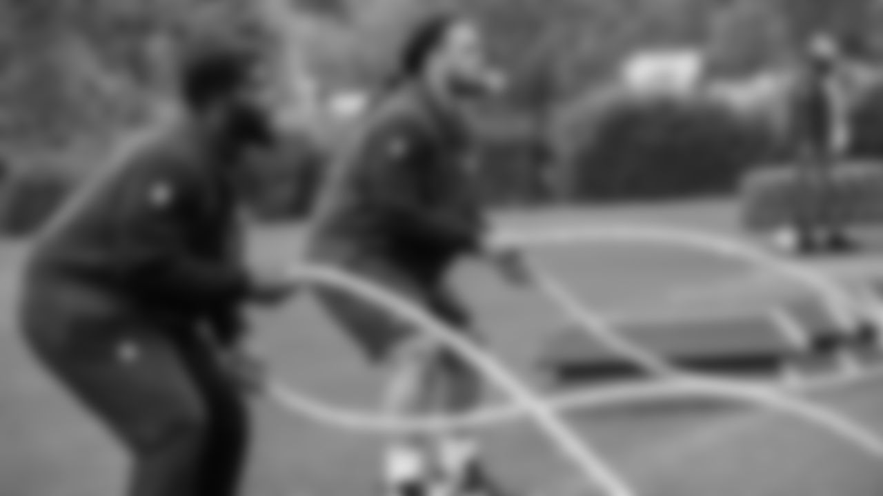 Seahawks guard Malaesala Aumavae-Laulu (70) and tackle Josh Jones (74) participated in a workout on April 30, 2025 at the Virginia Mason Athletic Center.