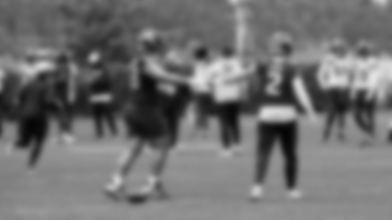 Seahawks quarterback Drew Lock (2) and guard Sataoa Laumea (63) participated in a workout on day two of OTAs on Thursday, May 29, 2025 at the Virginia Mason Athletic Center.