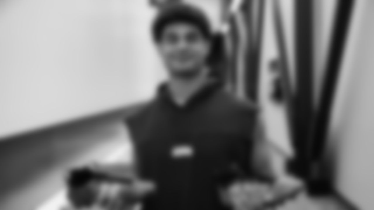 Seahawks linebacker Chazz Surratt (44) unboxed his My Cause My Cleats at the Virginia Mason Athletic Center.