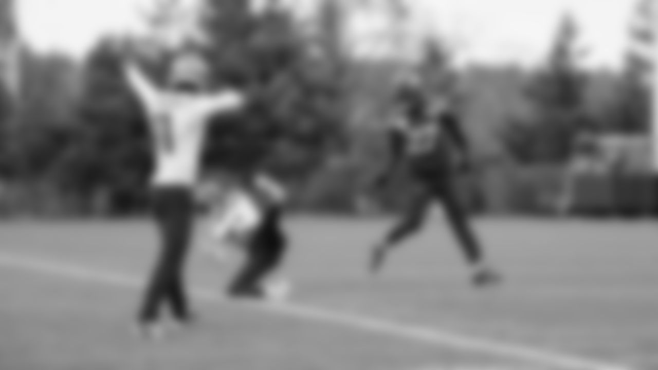 Seahawks wide receiver Jaxon Smith-Njigba (11), wide receiver Rashid Shaheed (22) and cornerback Riq Woolen (27) practiced on Tuesday, December, 23, 2025 at the Virginia Mason Athletic Center.