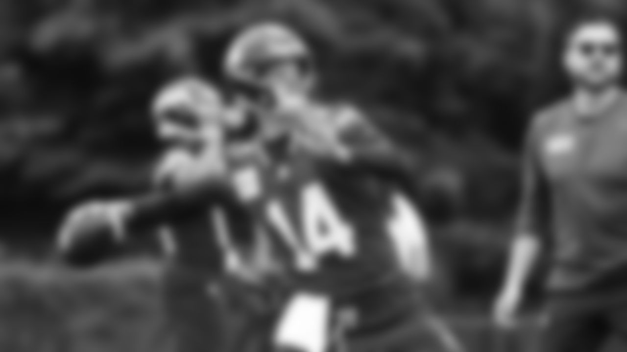 Seahawks quarterback Sam Darnold (14) participated in a workout on day two of OTAs on Thursday, May 29, 2025 at the Virginia Mason Athletic Center.