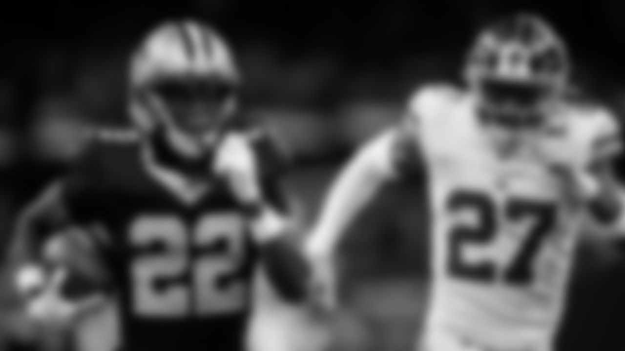 New Orleans Saints wide receiver Rashid Shaheed (22) runs after a catch for a touchdown against New York Giants safety Tyler Nubin (27) in the first half of an NFL football game, Sunday, Oct. 5, 2025, in New Orleans. (AP Photo/Gerald Herbert)