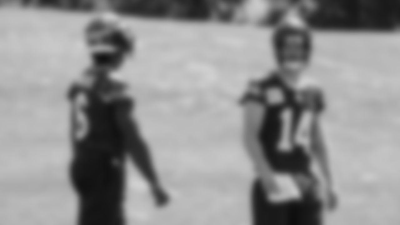 Seahawks quarterback Jalen Milroe (6) and quarterback Sam Darnold (14) participated in a workout on day six of OTAs on Thursday, June 5, 2025 at the Virginia Mason Athletic Center.