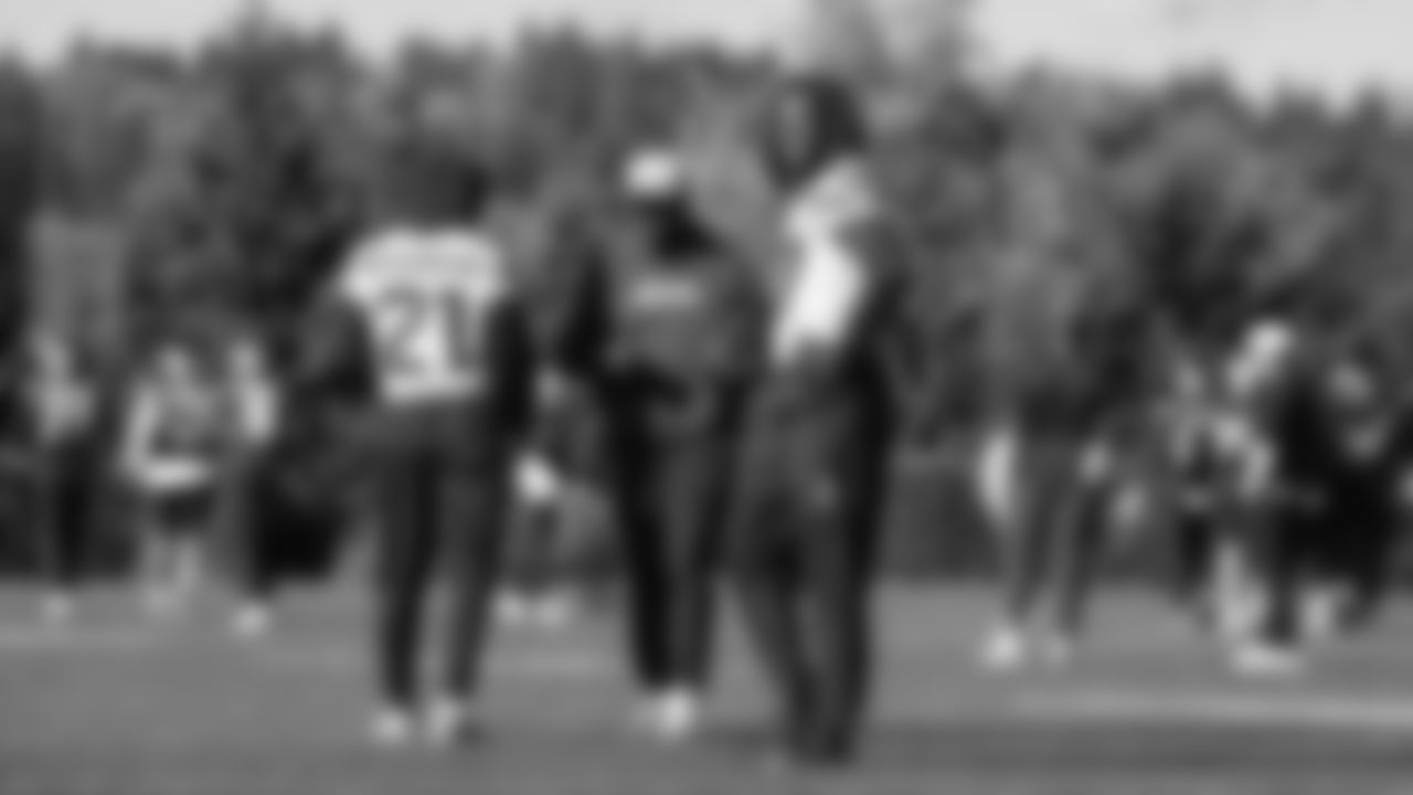 Seahawks cornerback Devon Witherspoon (21) and cornerback Riq Woolen (27) practiced on Friday, November 7, 2025 at the Virginia Mason Athletic Center.