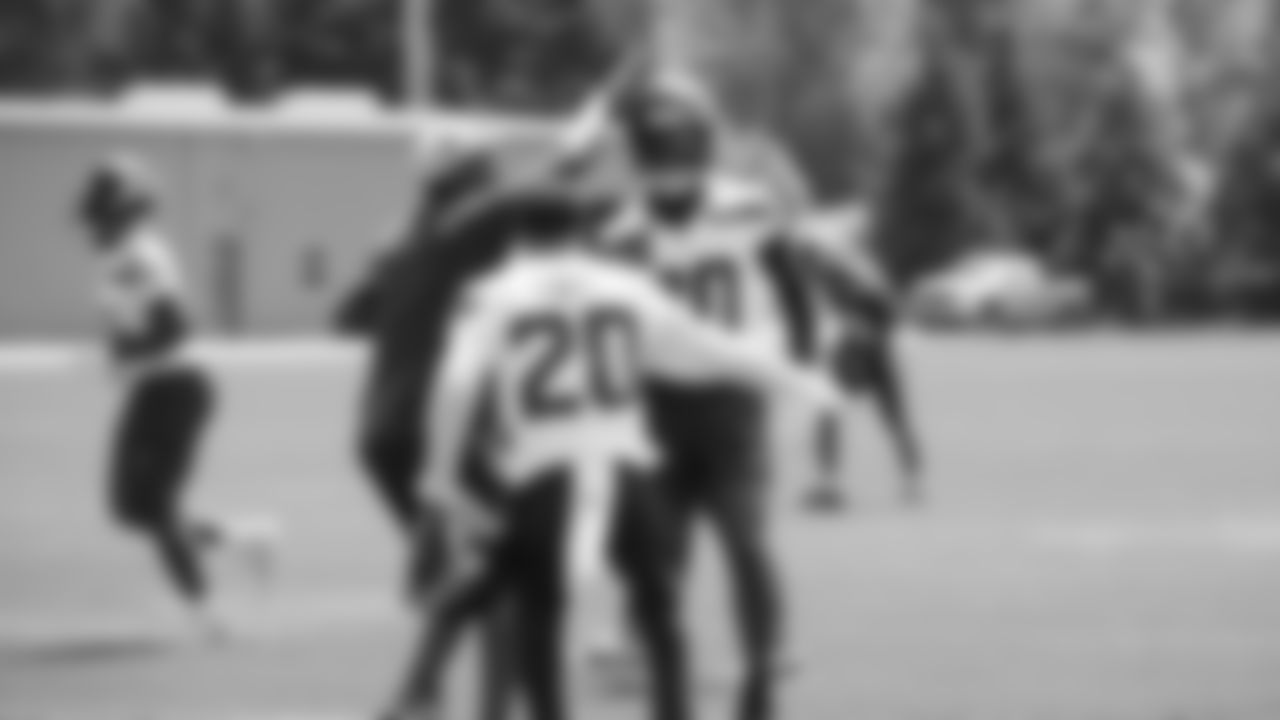 Seahawks safety Julian Love (20) and safety AJ Finley (30) participated in a workout on day two of minicamp on Wednesday, June 11, 2025 at the Virginia Mason Athletic Center.