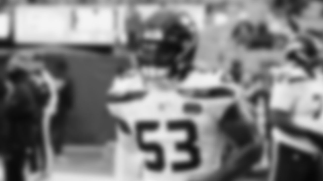 Seahawks linebacker Boye Mafe (53) warms up at Bank of America Stadium for the Week 17 matchup vs. Panthers on December 28, 2025.